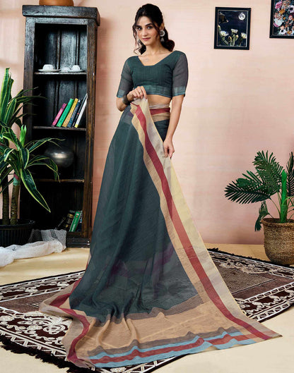 Ready To Wear Dark Grey Linen Printed Saree With Pocket