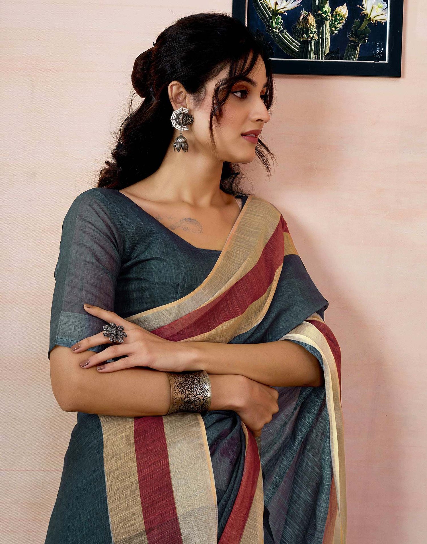 Ready To Wear Dark Grey Linen Printed Saree With Pocket