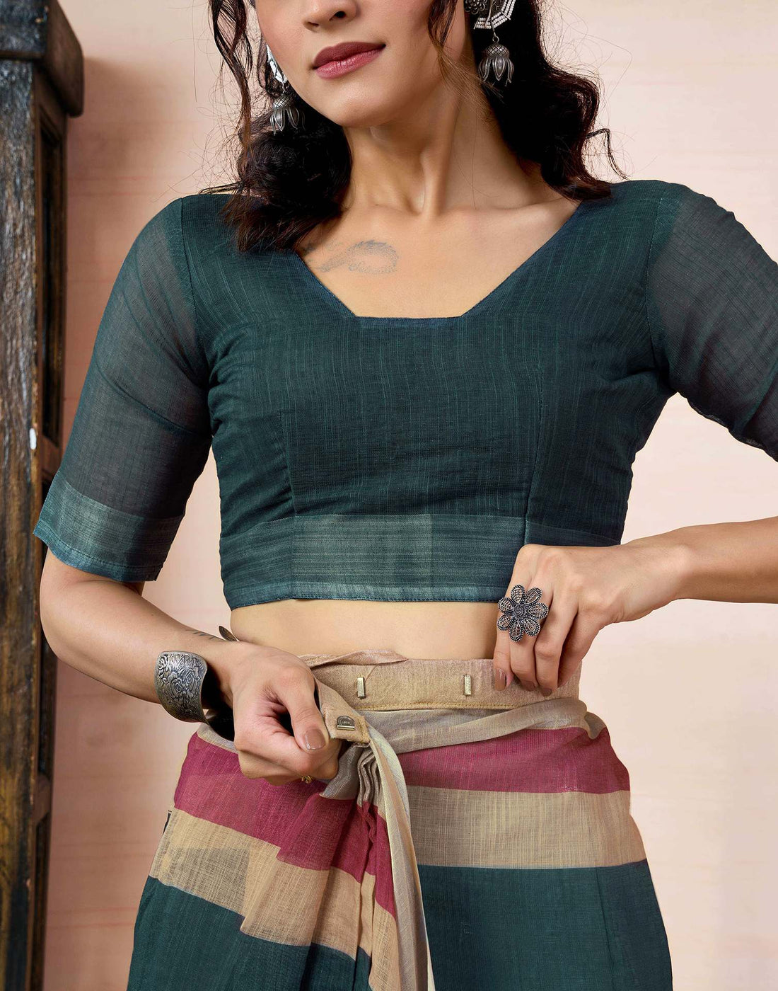 Ready to Wear Dark Grey Linen Printed Saree