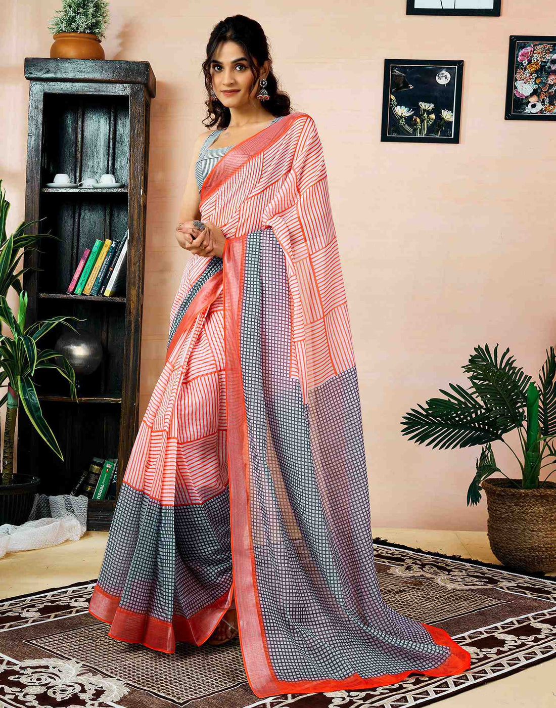 Ready To Wear Orange Linen Printed Saree With Pocket