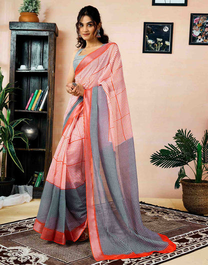 Ready To Wear Orange Linen Printed Saree With Pocket