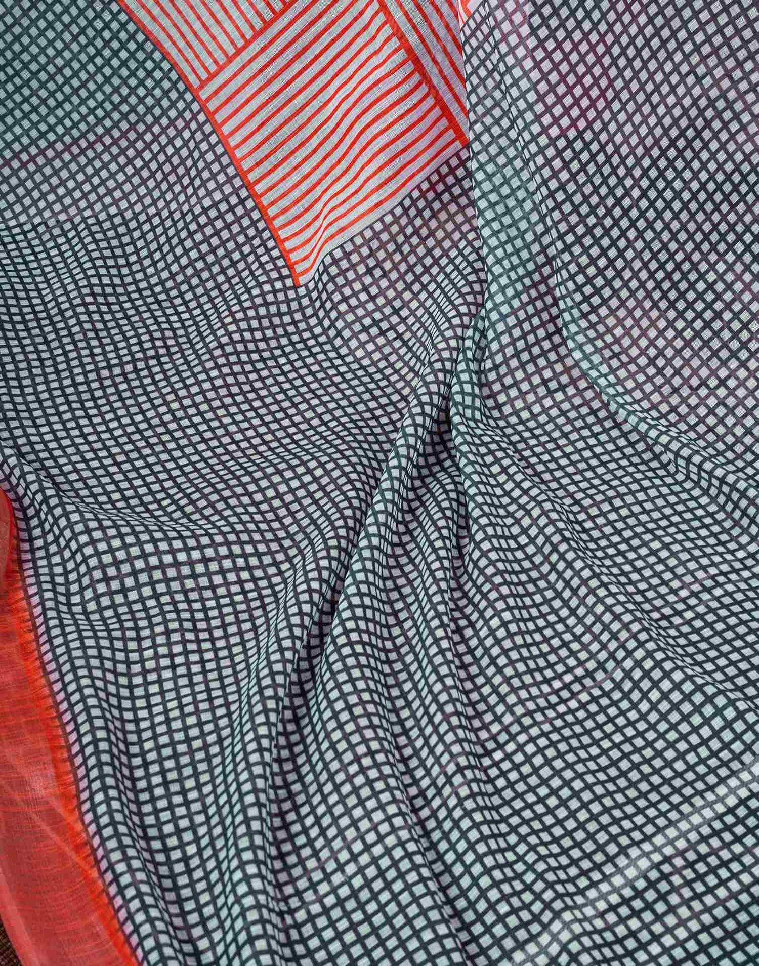 Ready To Wear Orange Linen Printed Saree With Pocket