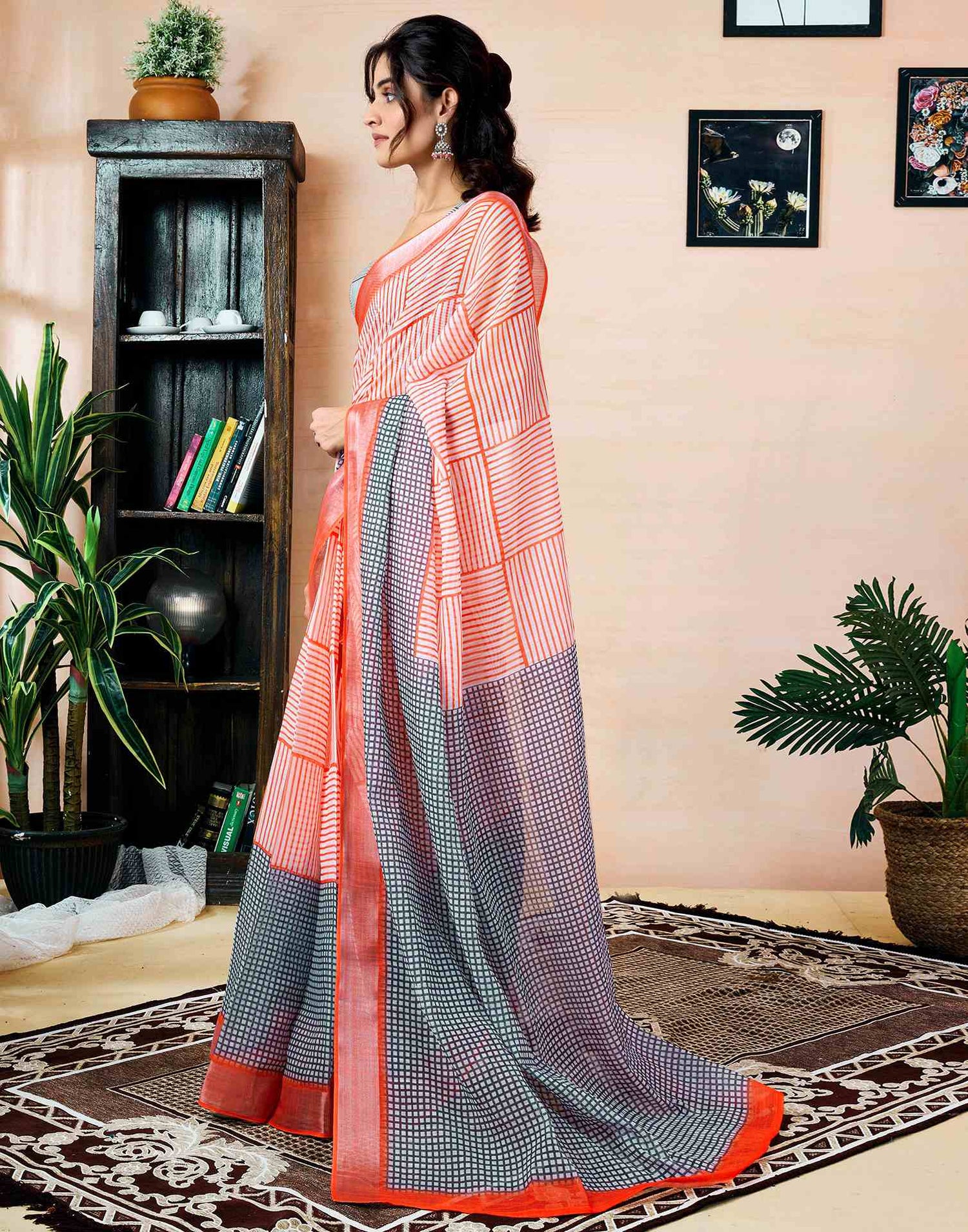 Ready To Wear Orange Linen Printed Saree With Pocket