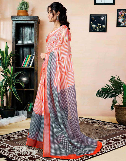 Ready To Wear Orange Linen Printed Saree With Pocket