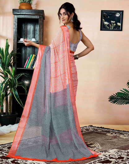 Ready To Wear Orange Linen Printed Saree With Pocket