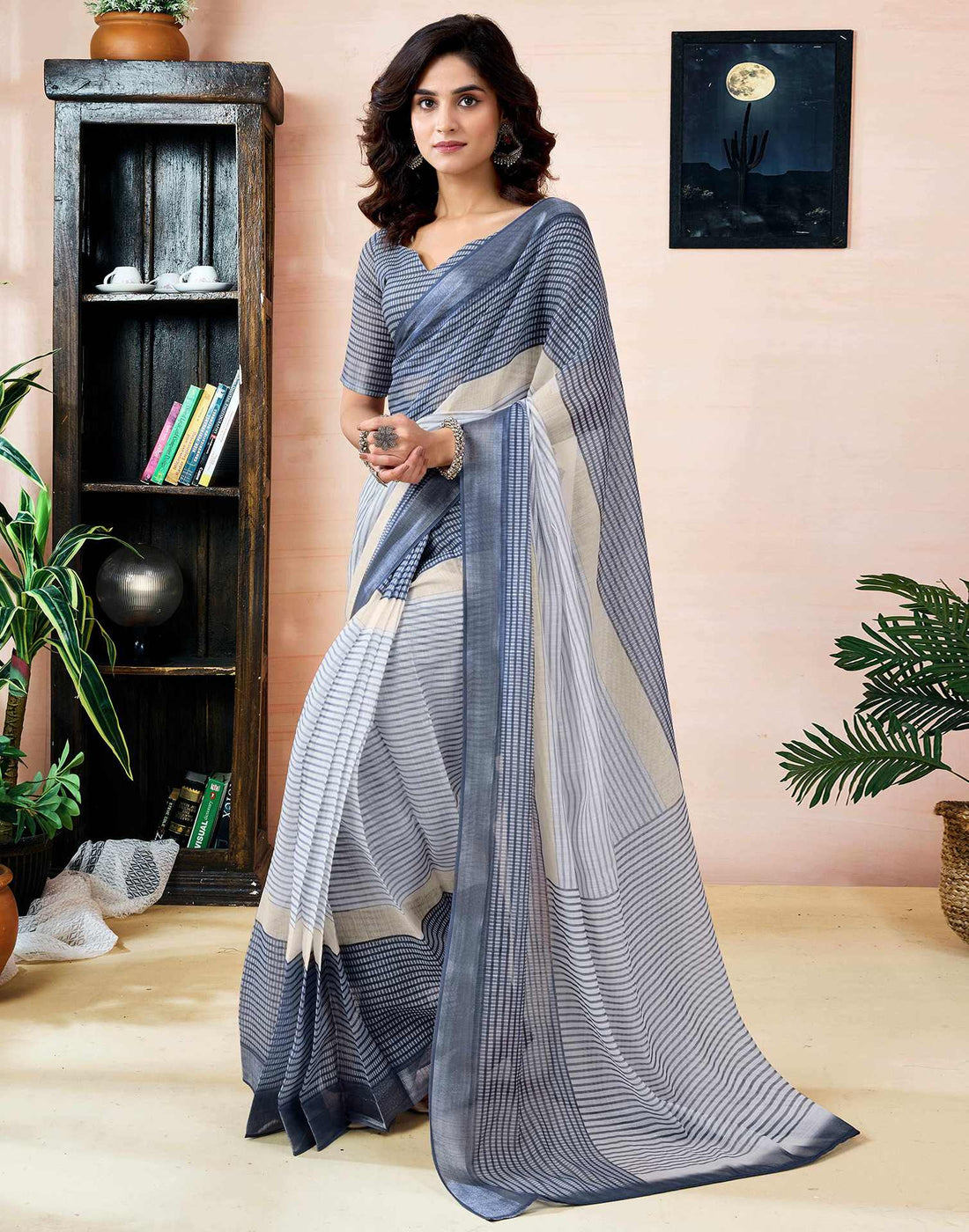 Ready to Wear Grey Linen Printed Saree