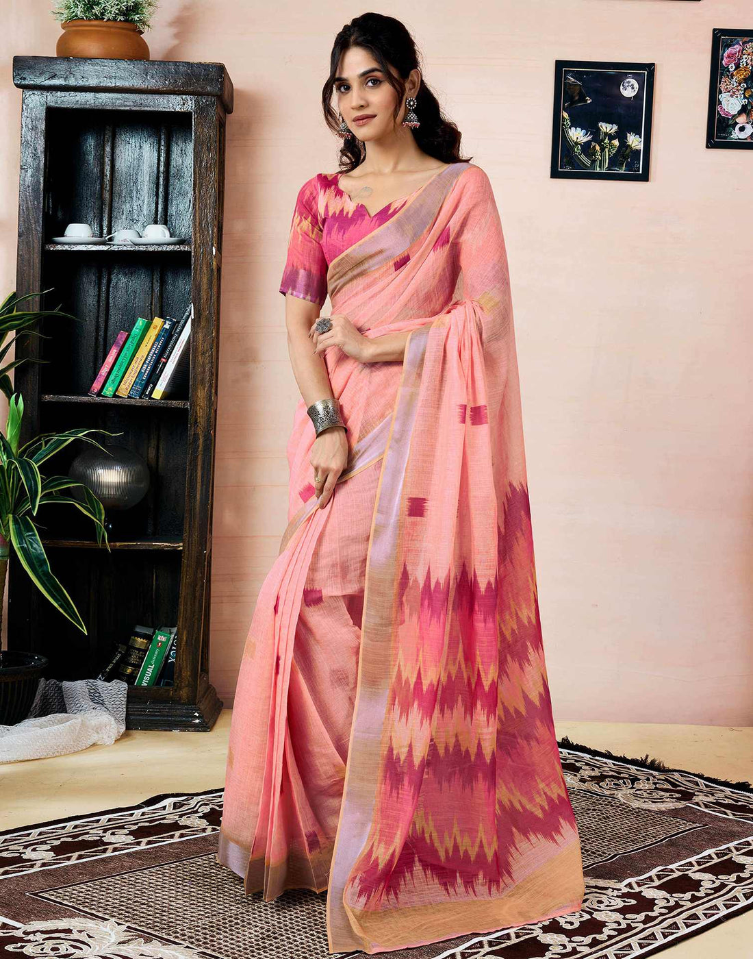Ready to Wear Peach Linen Printed Saree