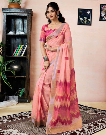 Ready to Wear Peach Linen Printed Saree