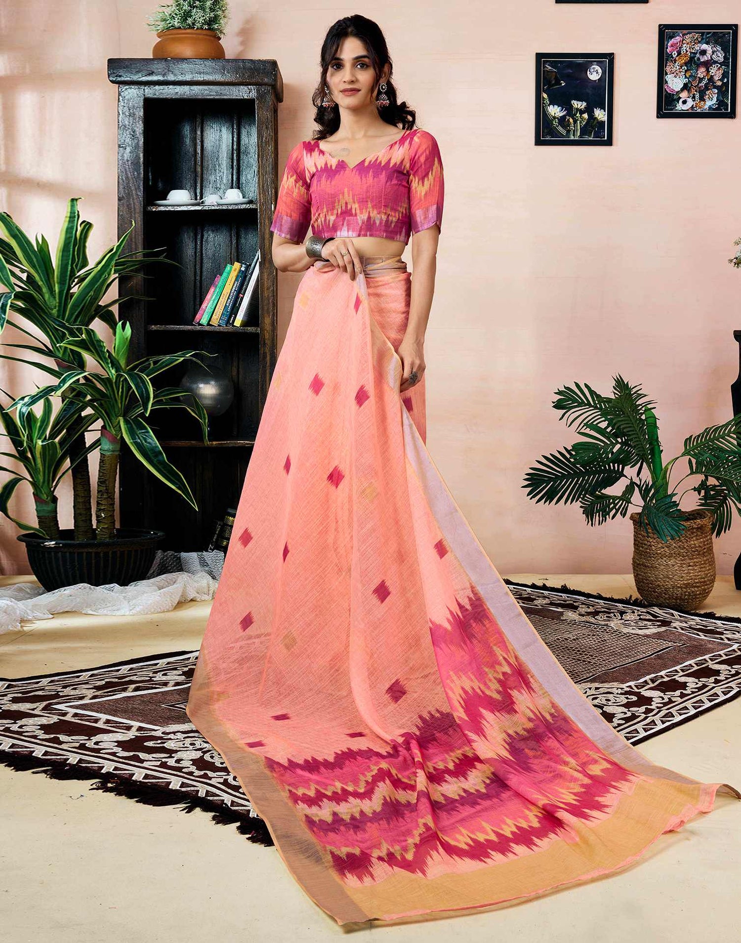 Ready to Wear Peach Linen Printed Saree