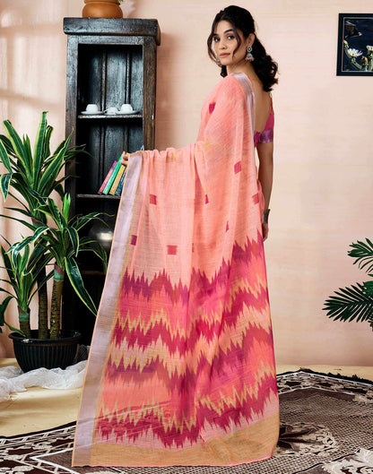 Ready to Wear Peach Linen Printed Saree