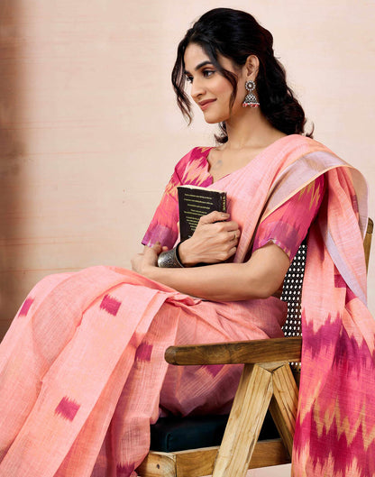 Ready to Wear Peach Linen Printed Saree