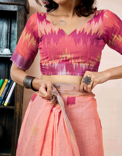 Ready to Wear Peach Linen Printed Saree
