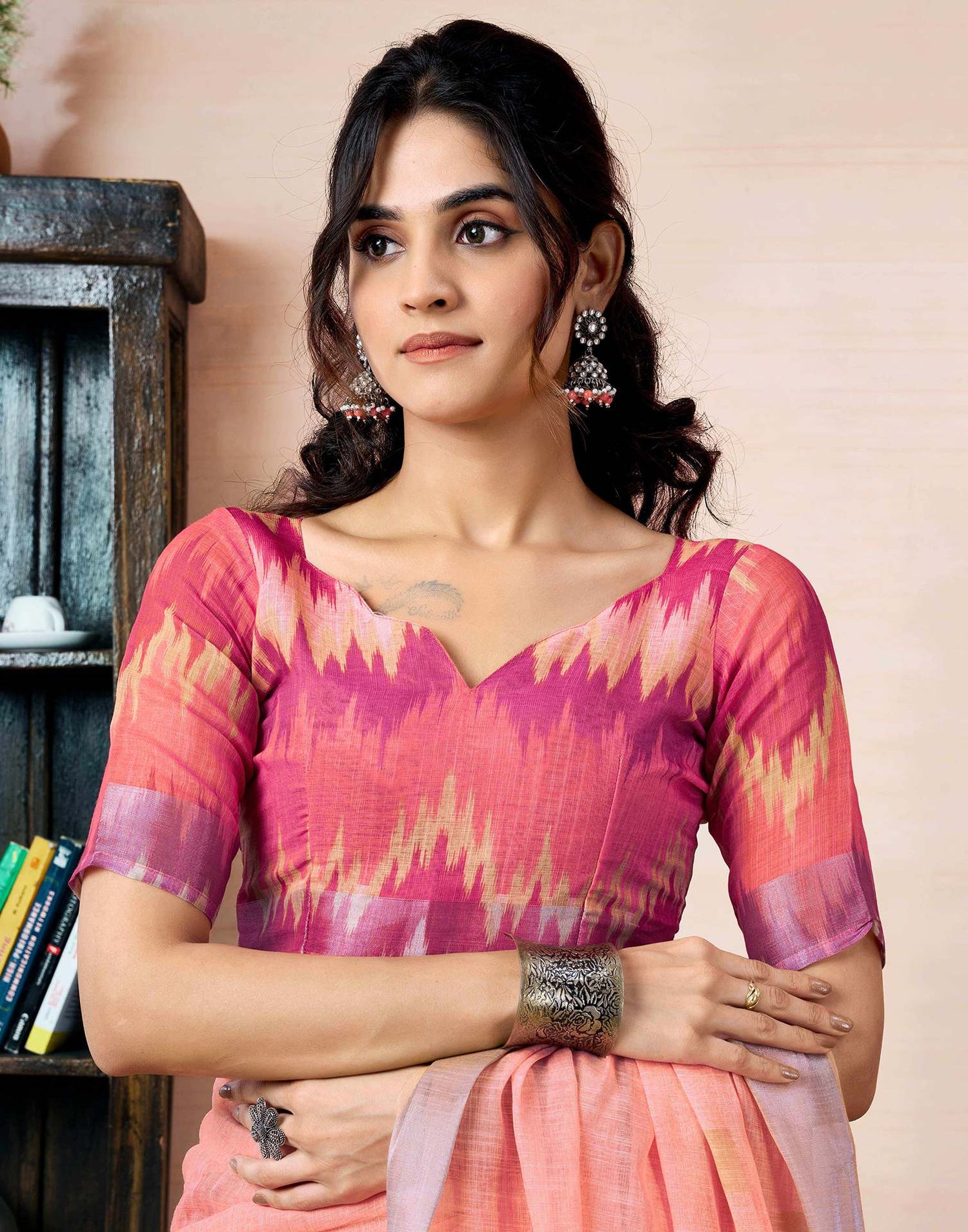 Ready to Wear Peach Linen Printed Saree