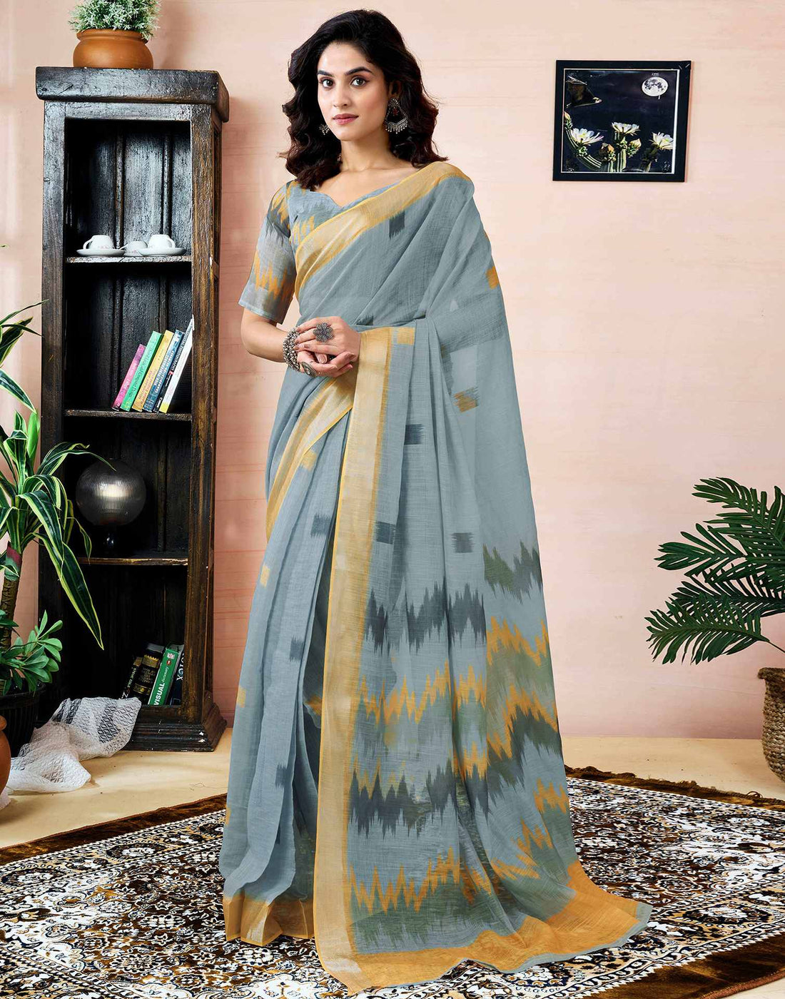 Ready to Wear Grey Linen Printed Saree