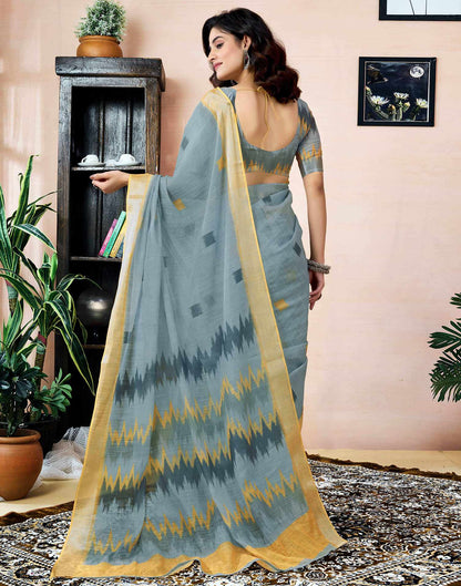 Ready To Wear Grey Linen Printed Saree With Pocket