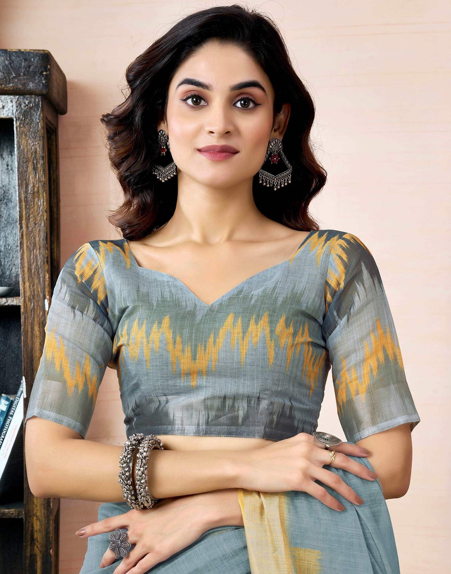 Ready To Wear Grey Linen Printed Saree With Pocket