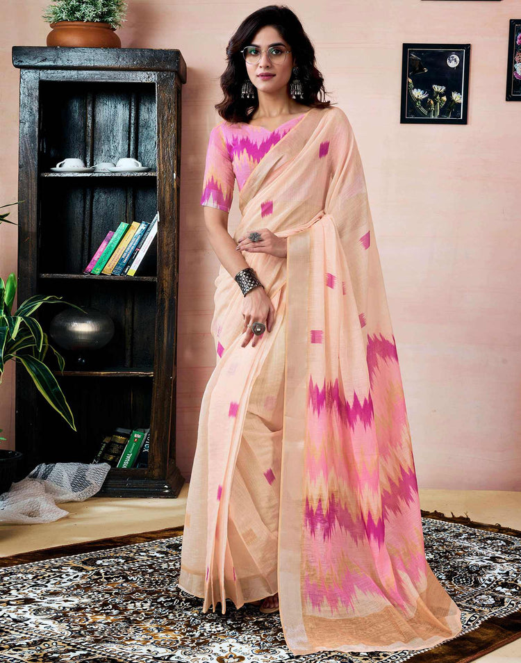 Ready To Wear Cream Linen Printed Saree With Pocket