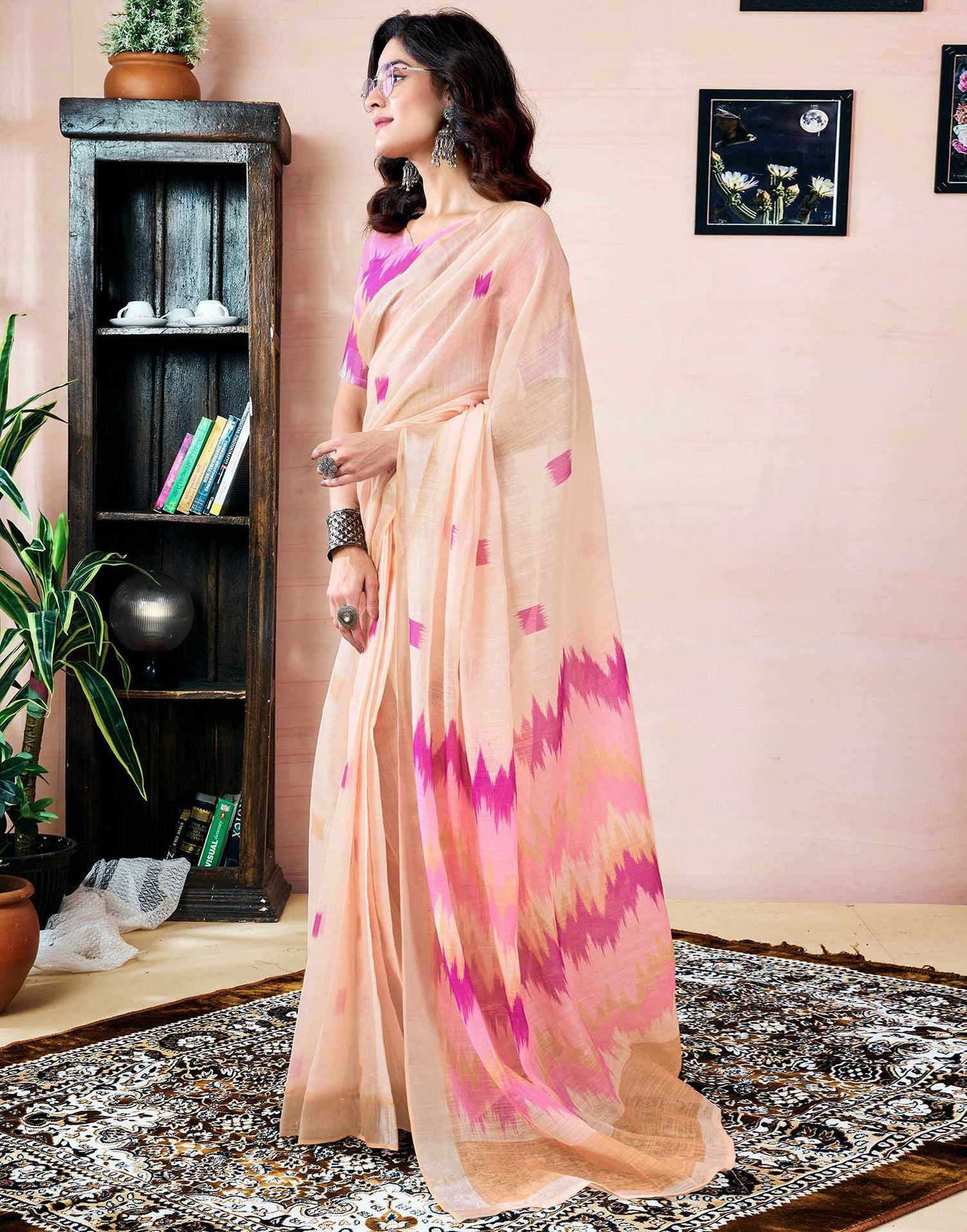 Ready To Wear Cream Linen Printed Saree With Pocket