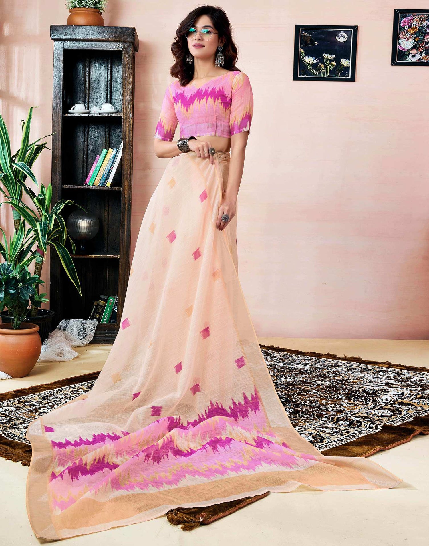 Ready To Wear Cream Linen Printed Saree With Pocket