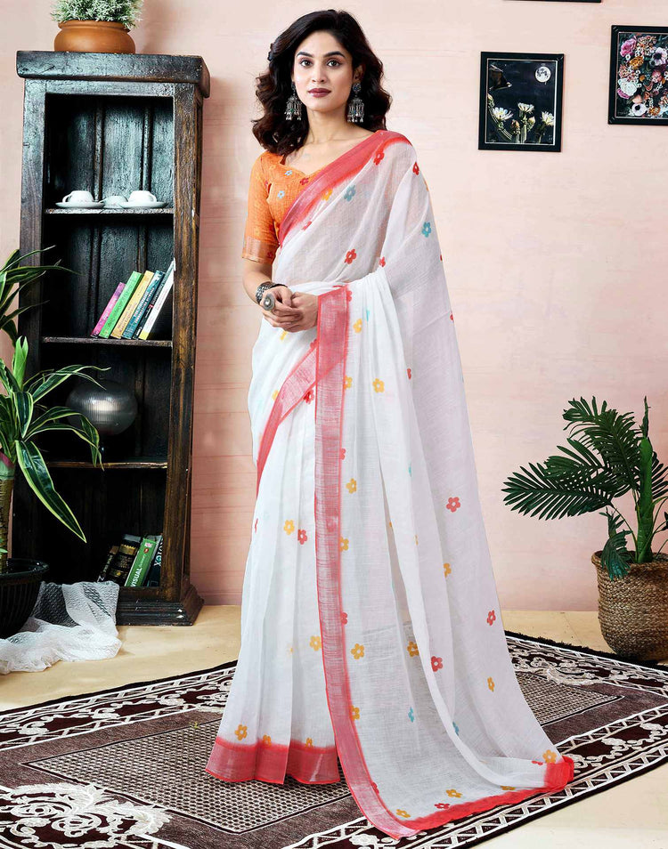 Ready to Wear White Linen Printed Saree With Pocket
