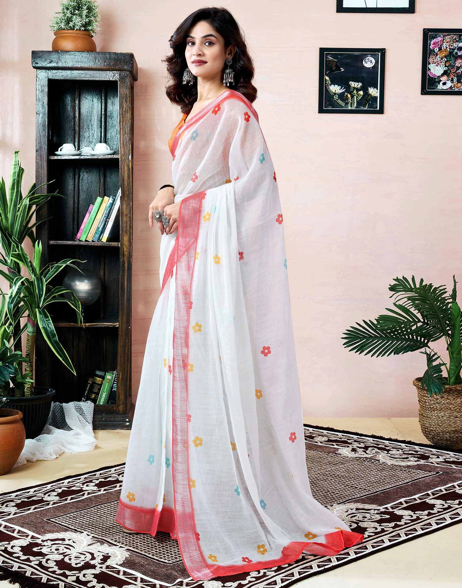 Ready to Wear White Linen Printed Saree
