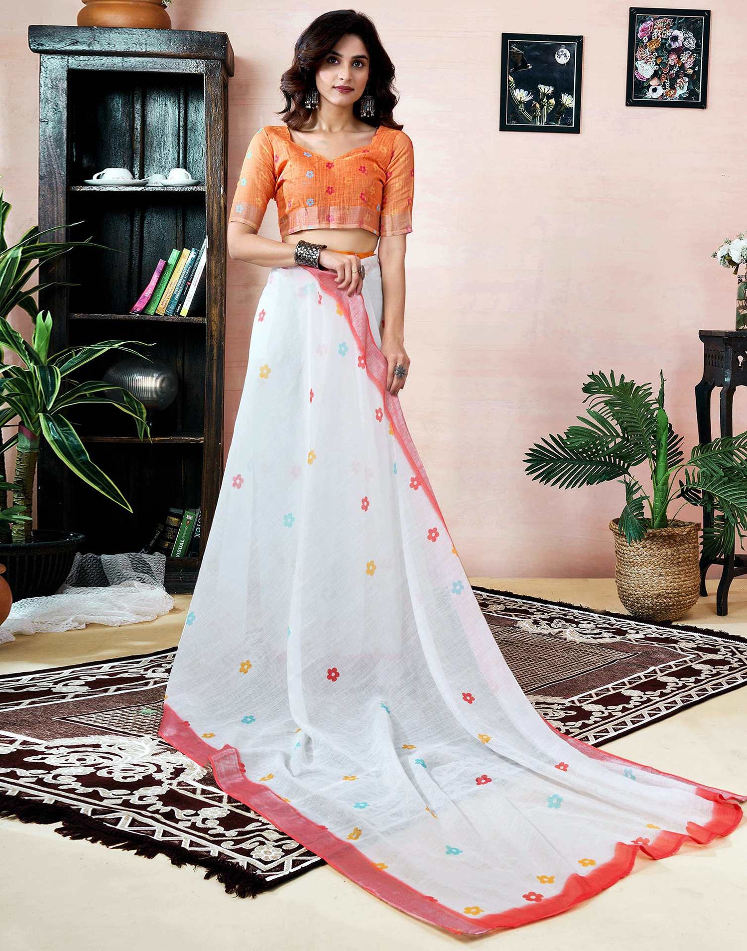Ready to Wear White Linen Printed Saree