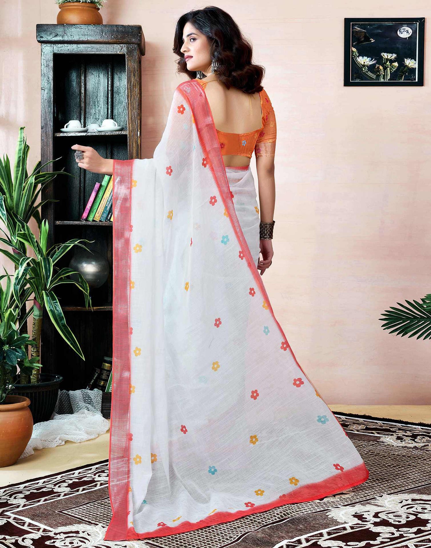 Ready to Wear White Linen Printed Saree