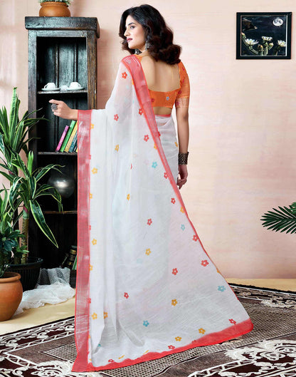 Ready to Wear White Linen Printed Saree