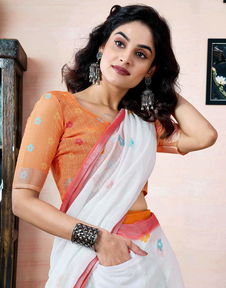Ready to Wear White Linen Printed Saree With Pocket