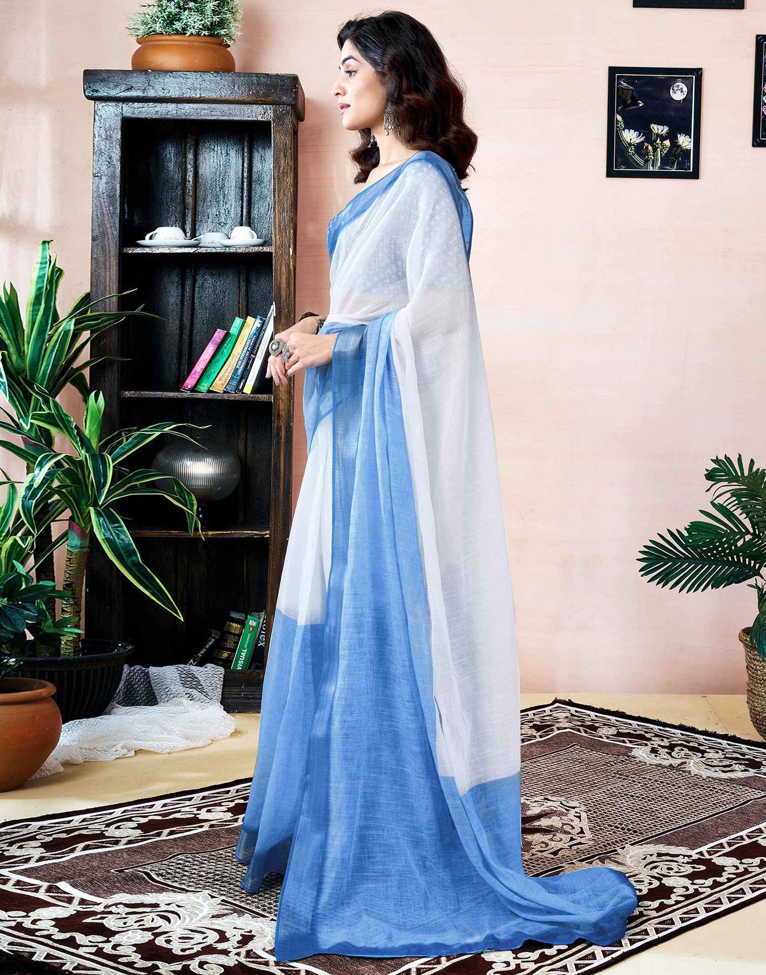 Ready to Wear Blue Linen Printed Saree