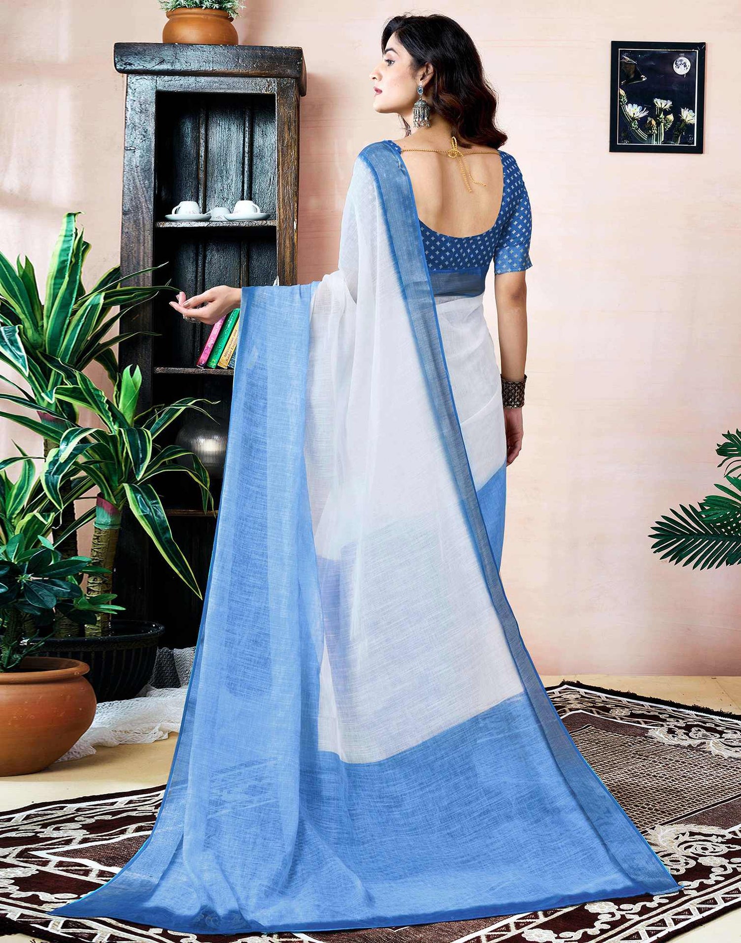 Ready to Wear Blue Linen Printed Saree