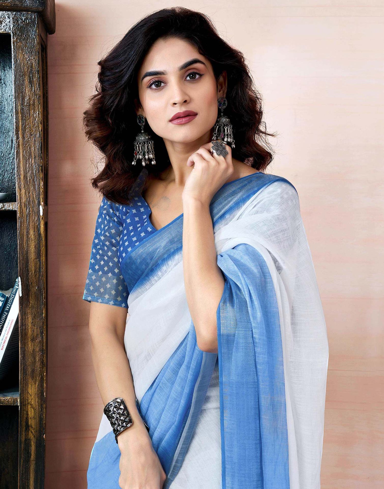 Ready to Wear Blue Linen Printed Saree