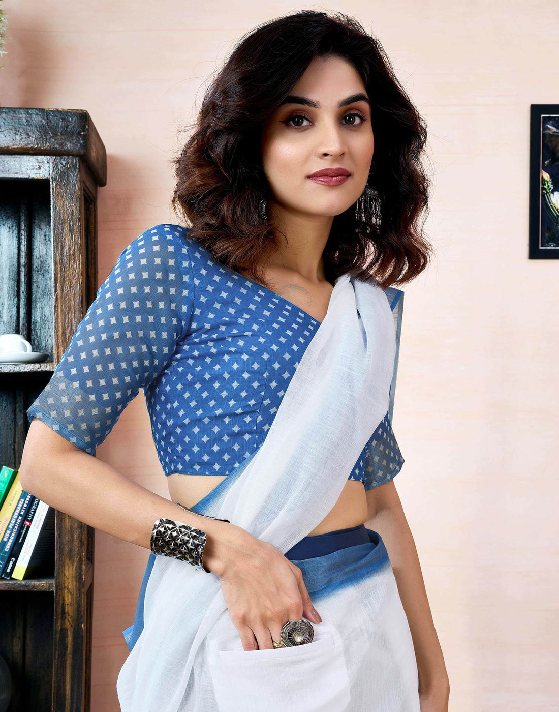 Ready to Wear Blue Linen Printed Saree  With Pocket