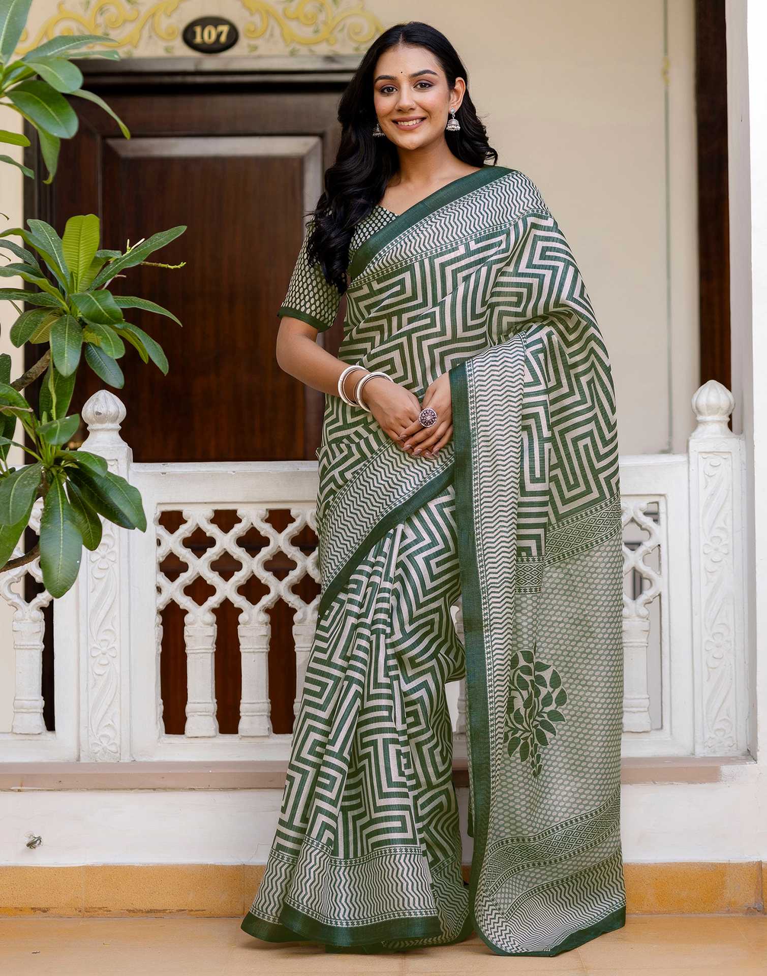 Greenish Grey Khadi Cotton Saree main image 1