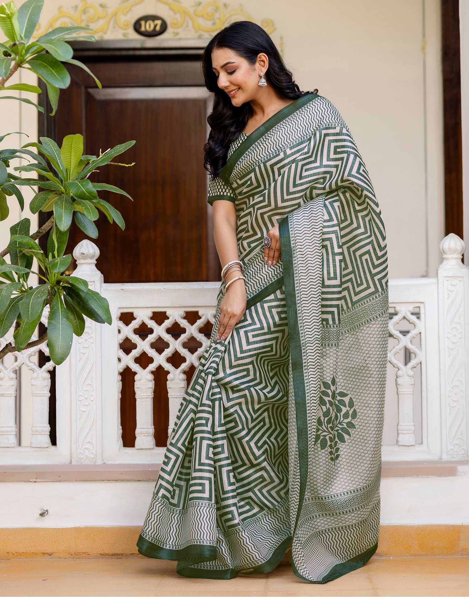 Dark Green Khadi Printed Saree