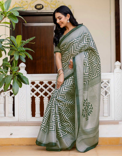 Dark Green Khadi Printed Saree