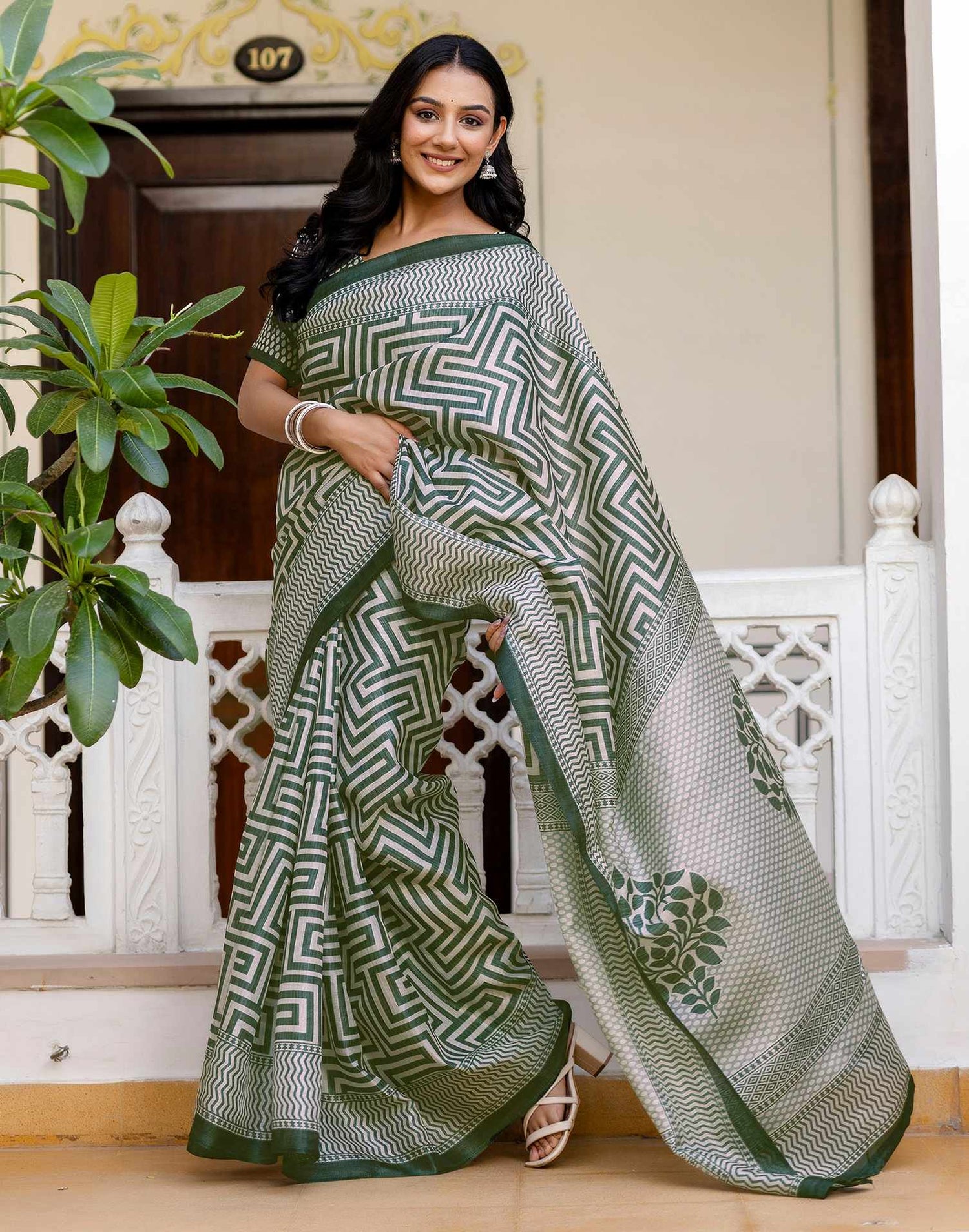 Dark Green Khadi Printed Saree