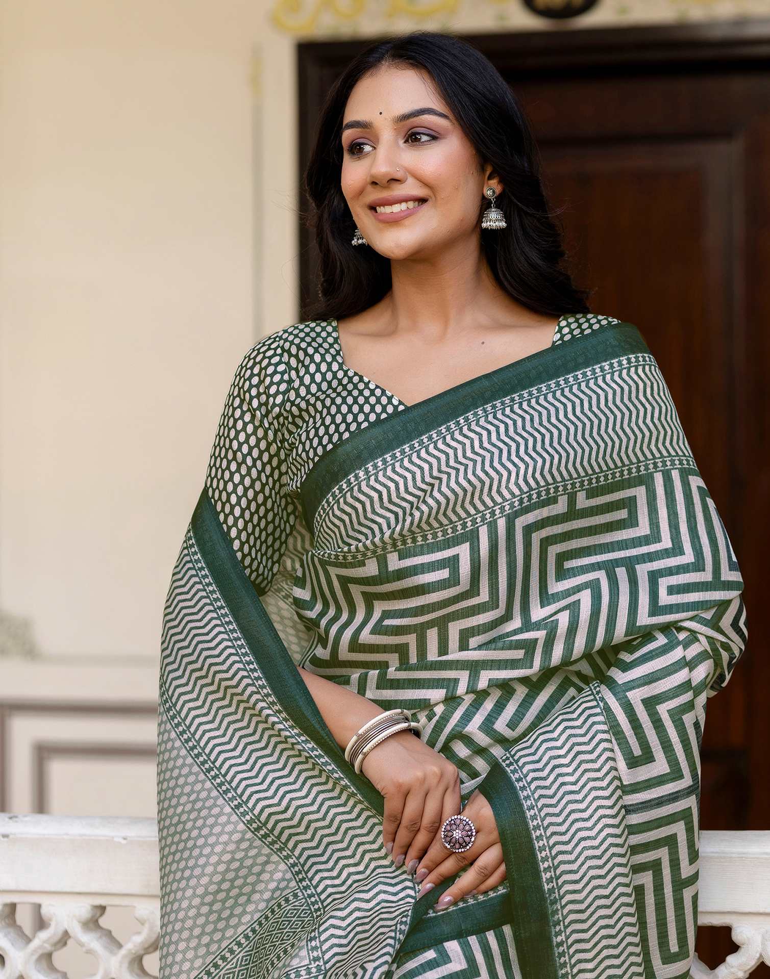 Dark Green Khadi Printed Saree