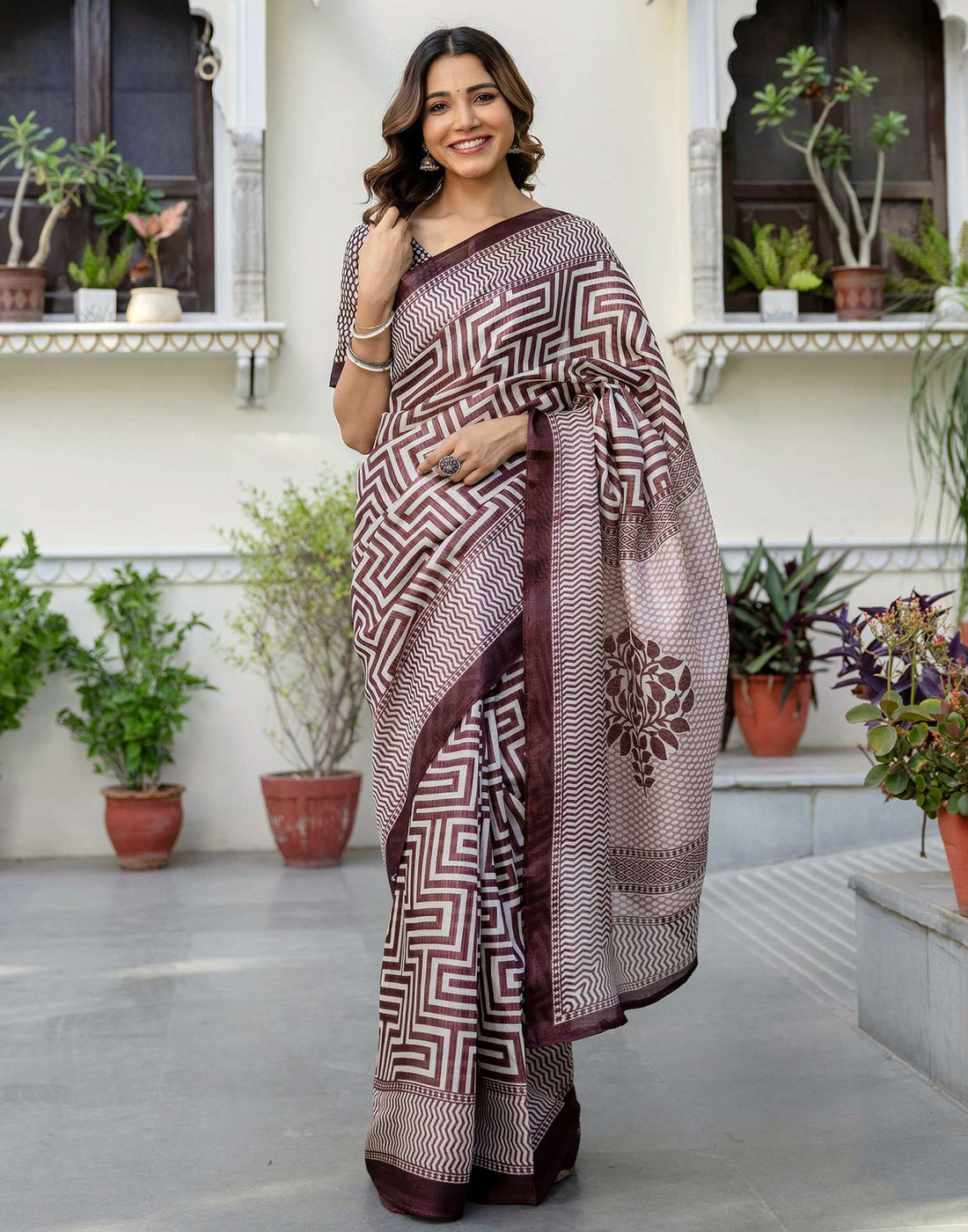 Coffee Brown Khadi Printed Saree