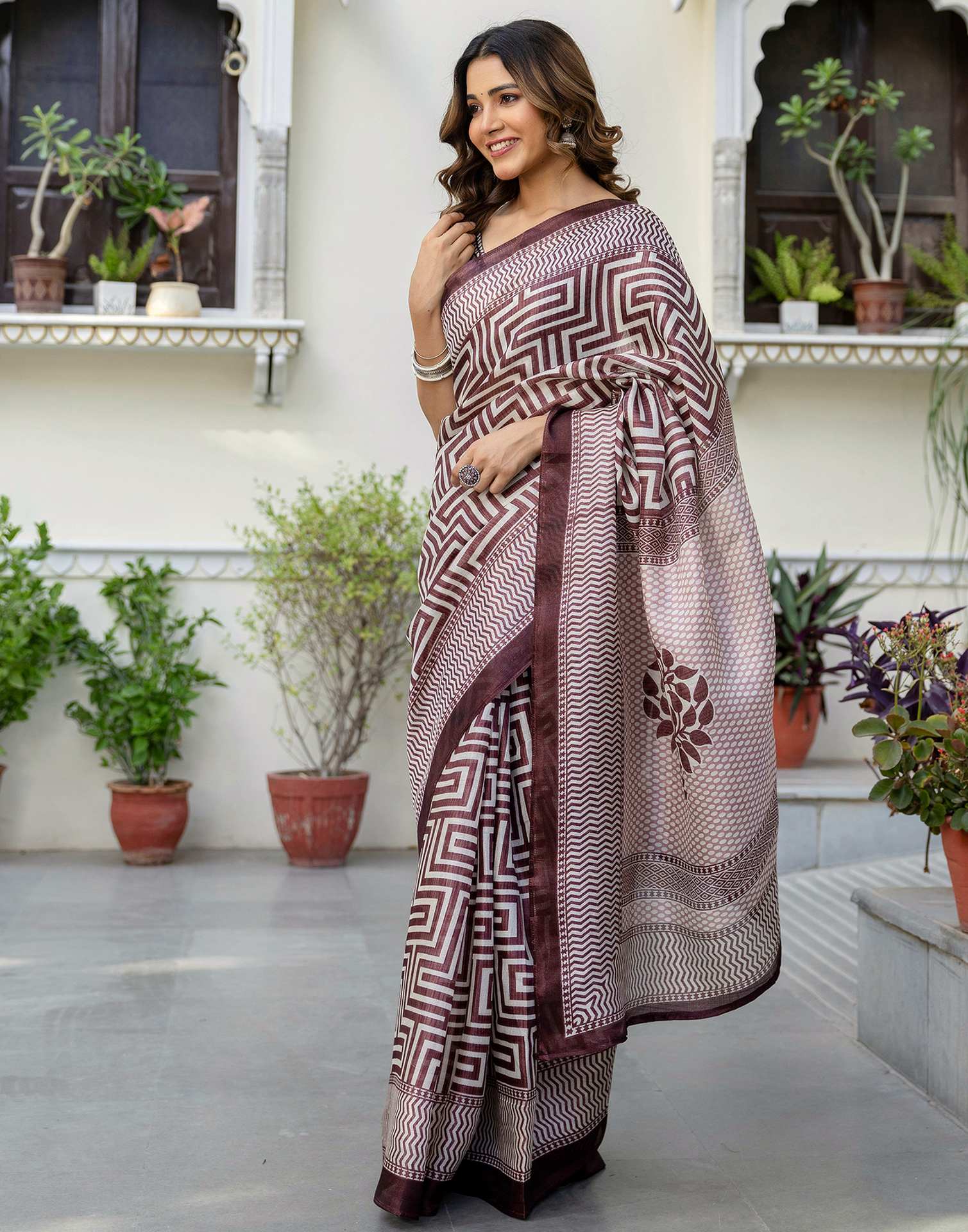 Coffee Brown Khadi Printed Saree