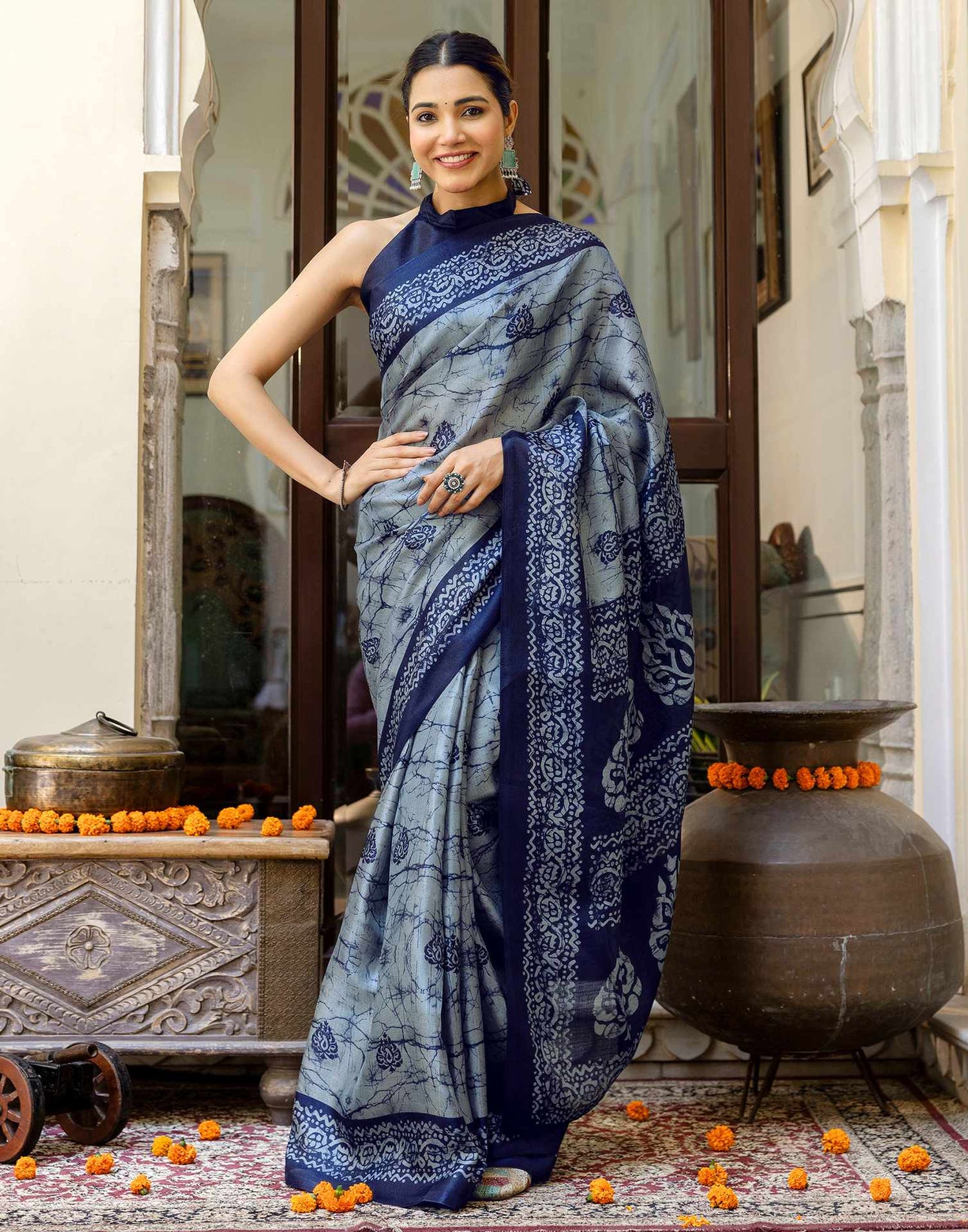 Grey Khadi Printed Saree