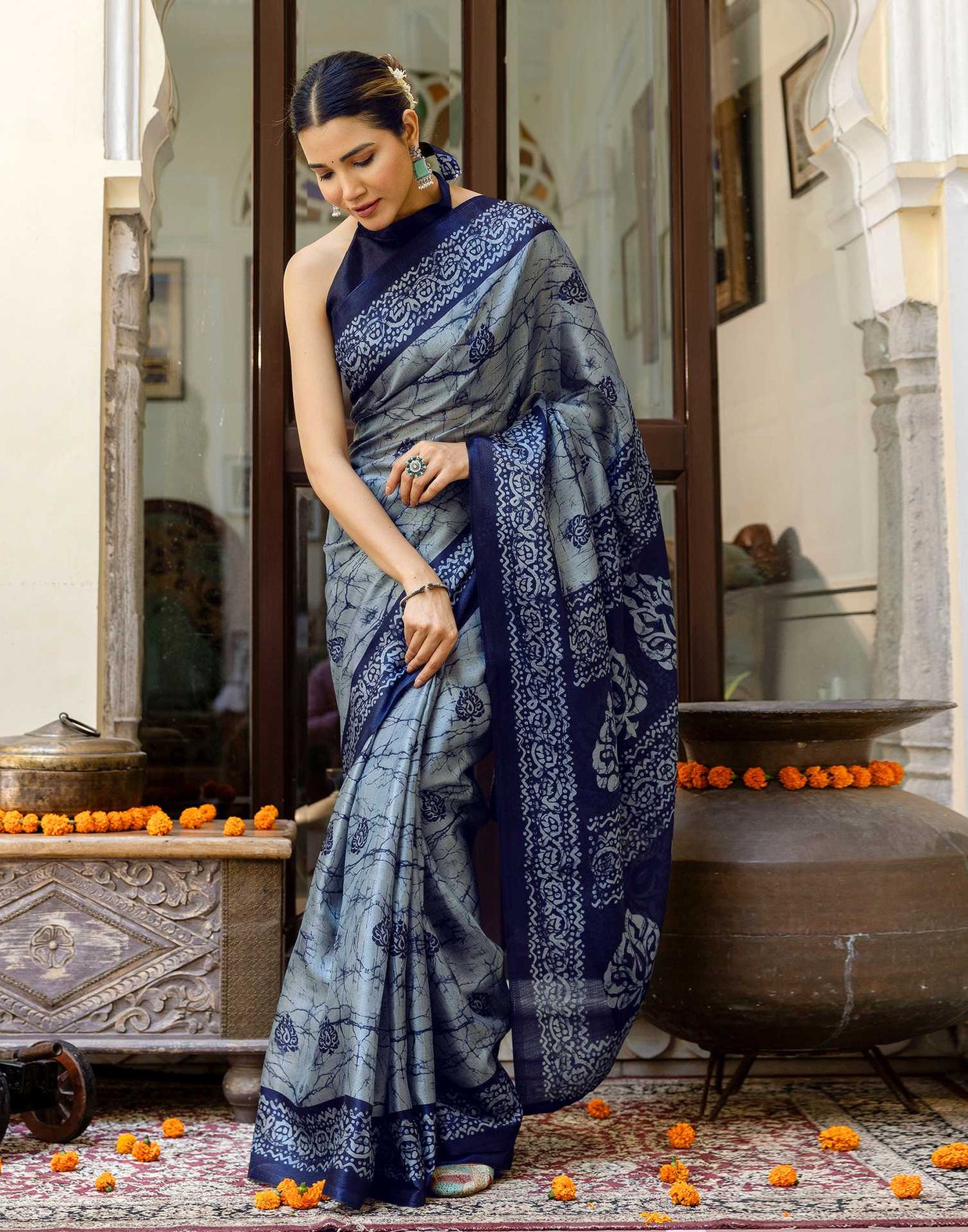 Grey Khadi Printed Saree