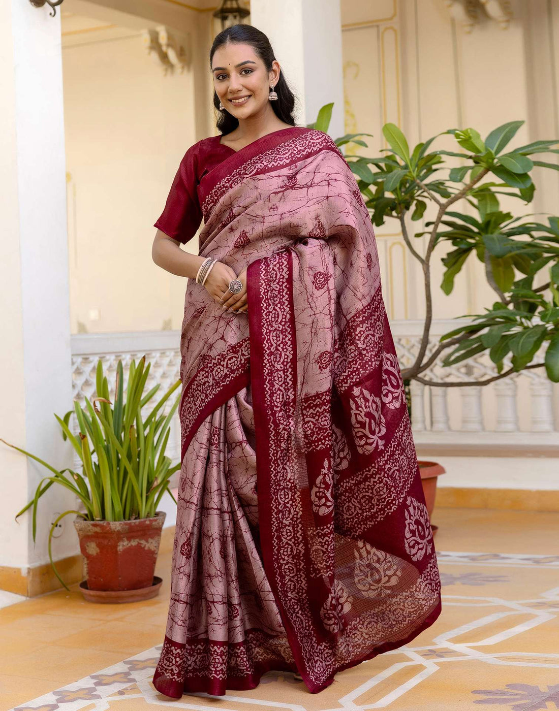 Dusty Rose Pink Khadi Printed Saree