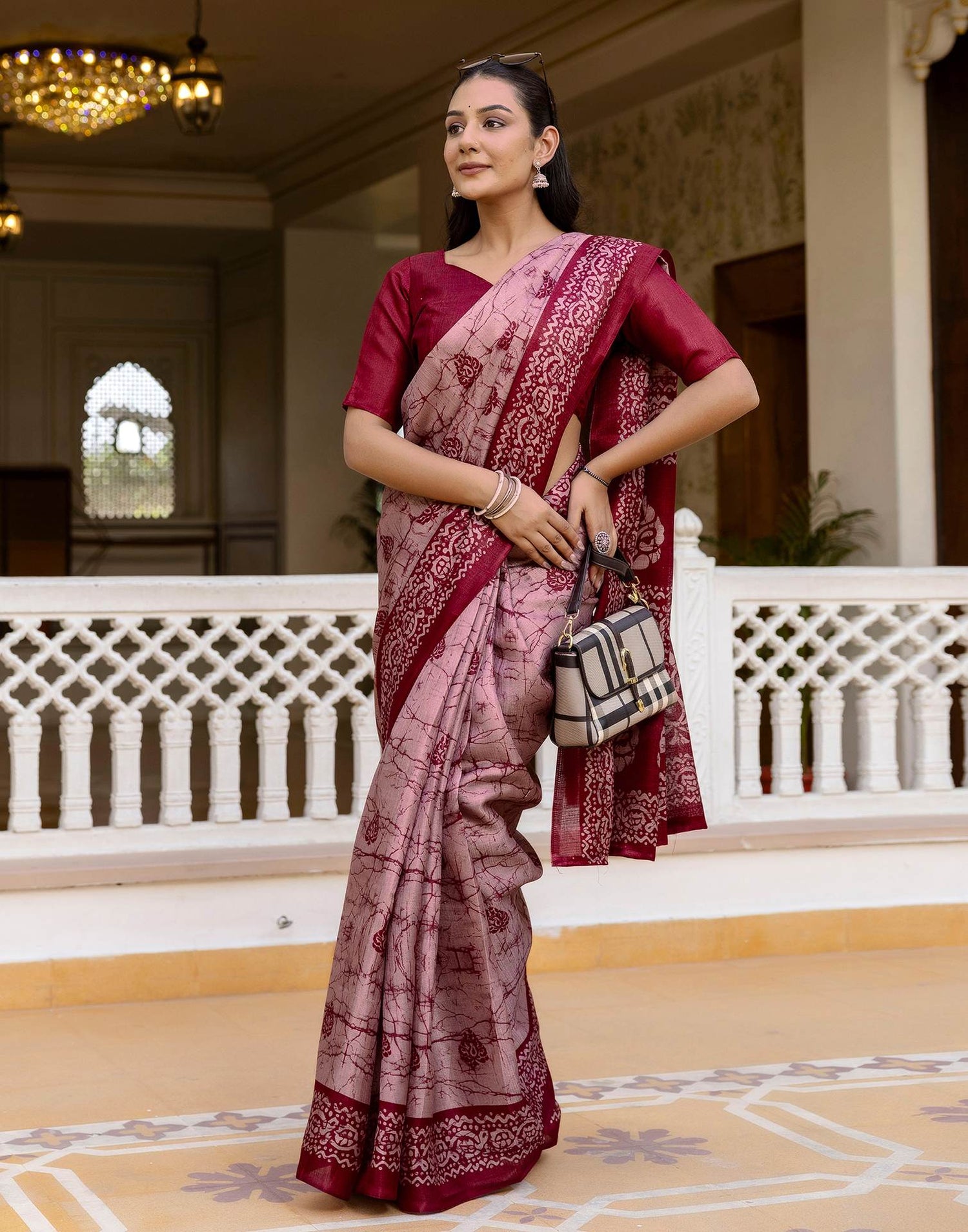 Dusty Rose Pink Khadi Printed Saree