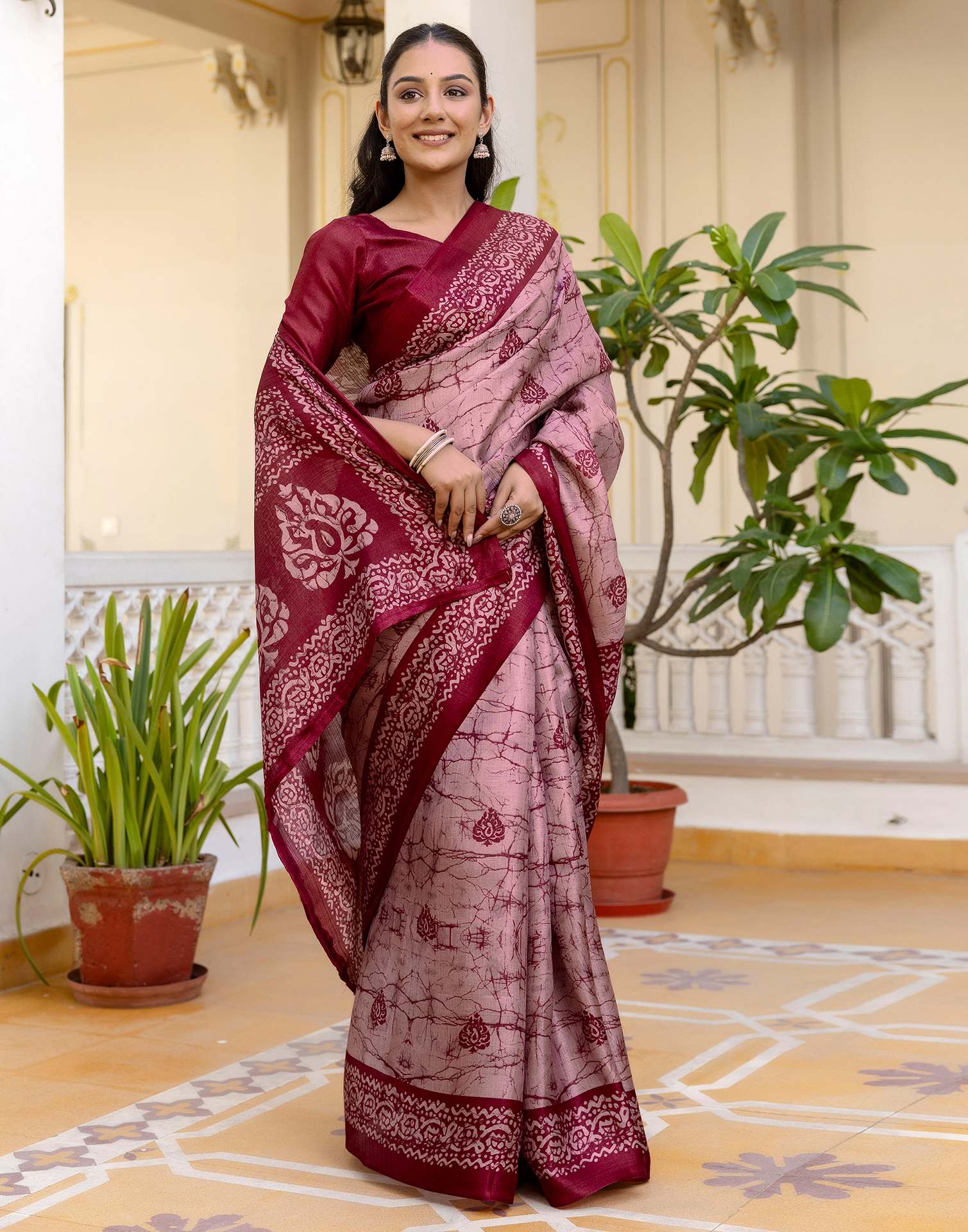 Dusty Rose Pink Khadi Printed Saree