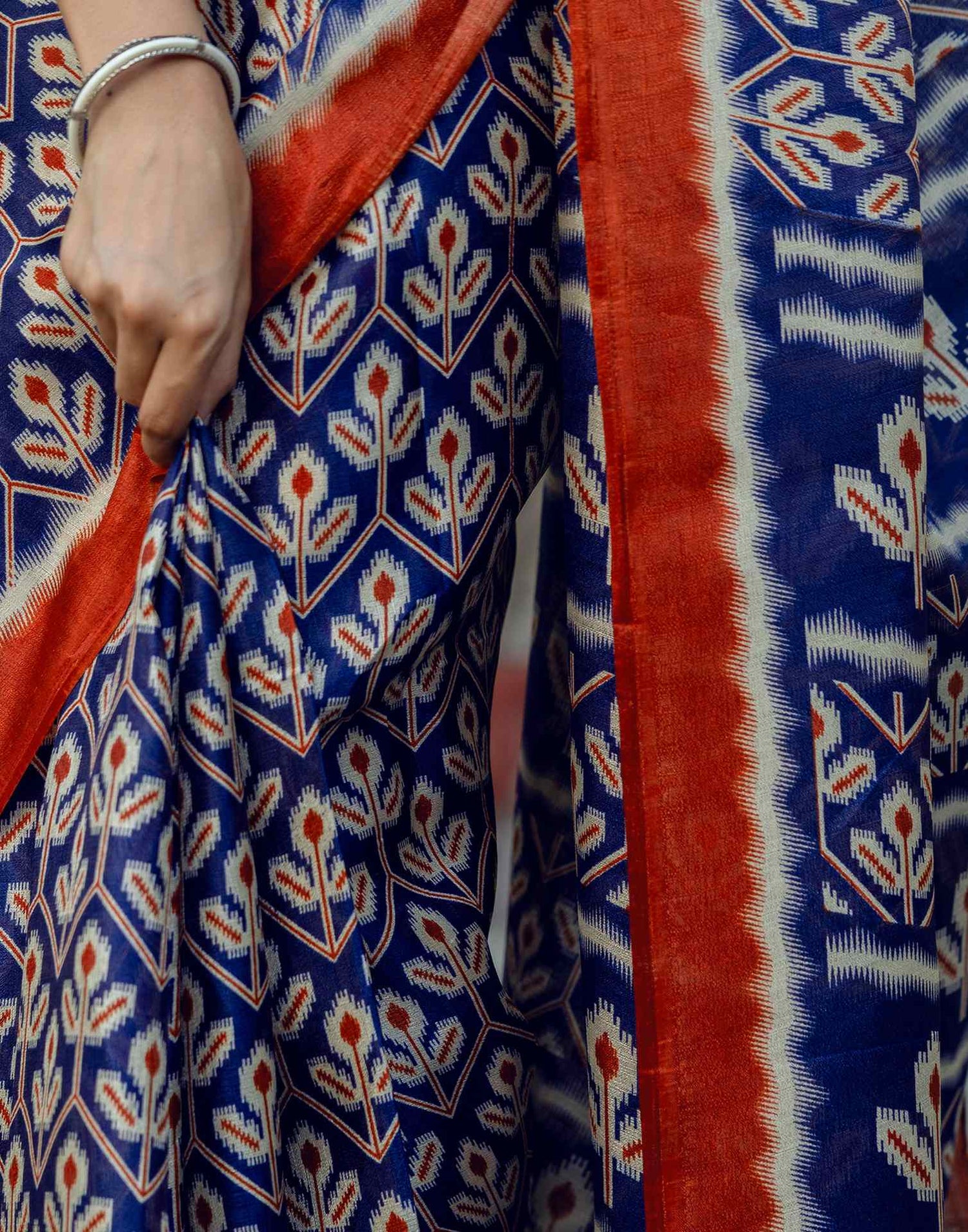 Navy Blue Khadi Printed Saree