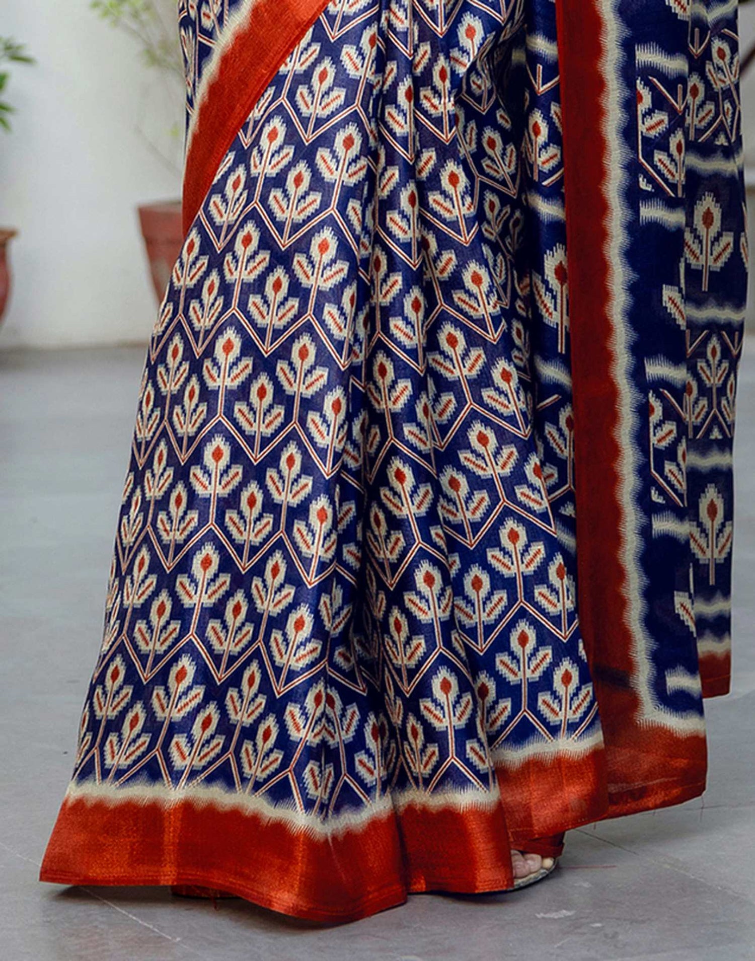 Navy Blue Khadi Printed Saree