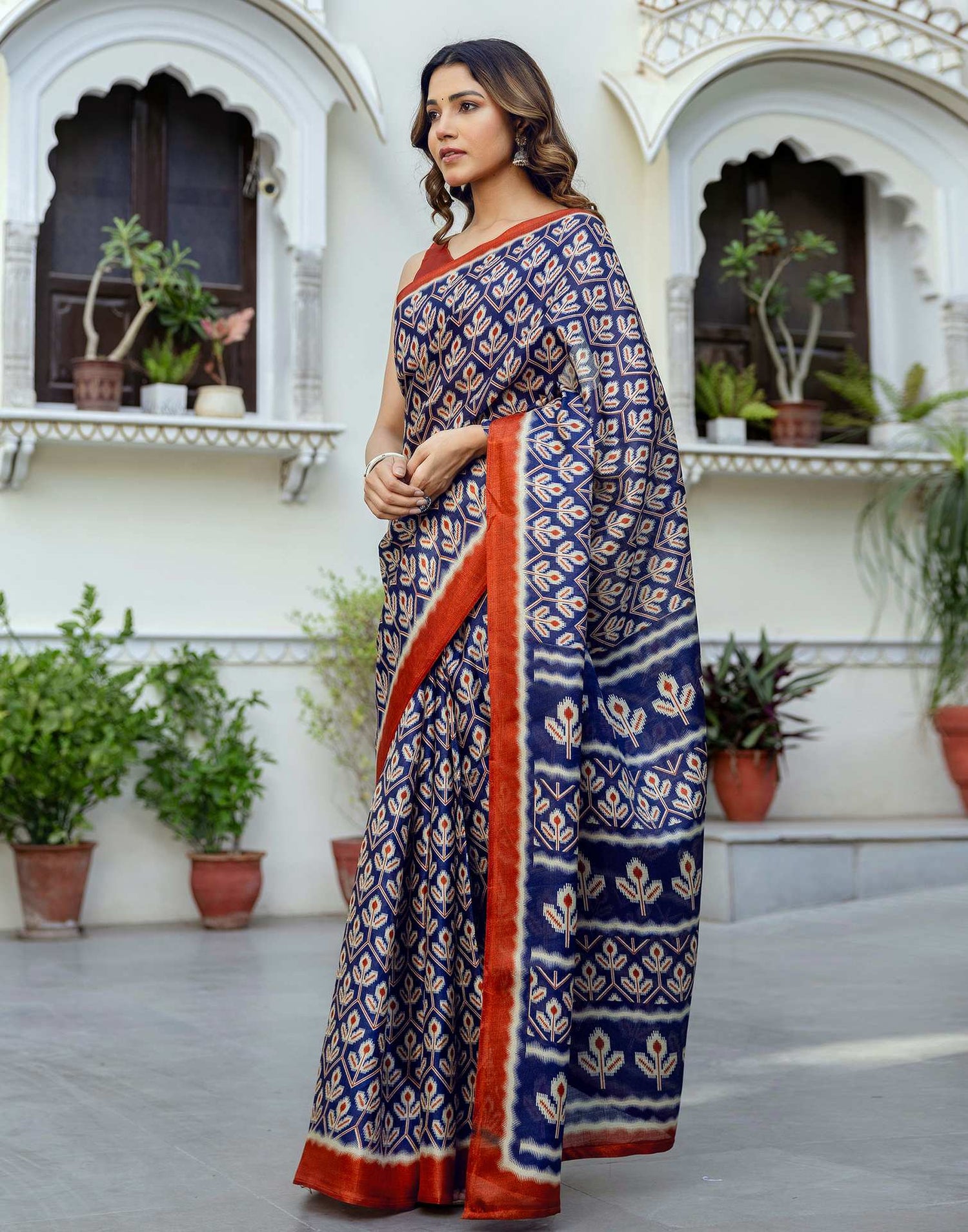 Navy Blue Khadi Printed Saree