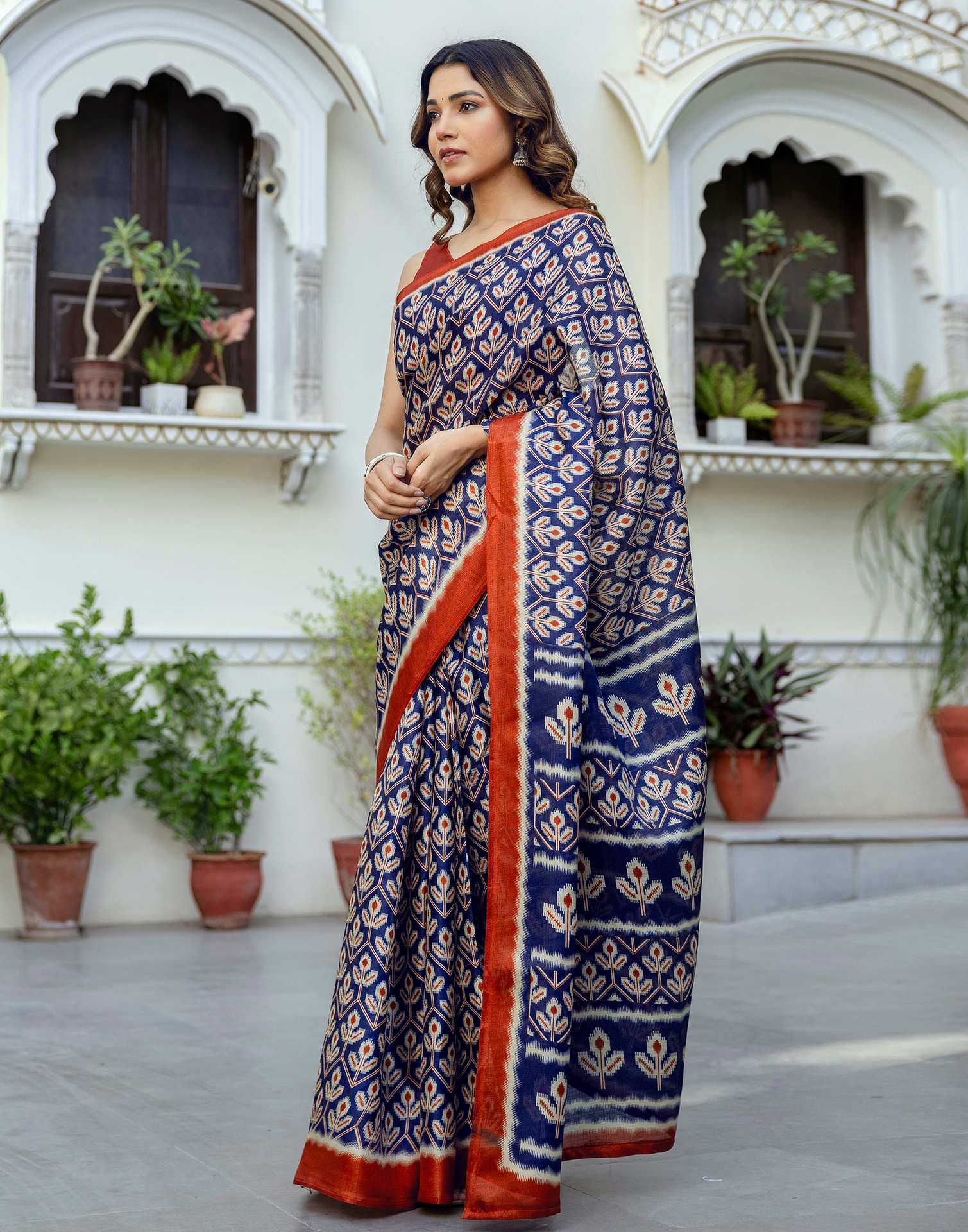 Navy Blue Khadi Printed Saree