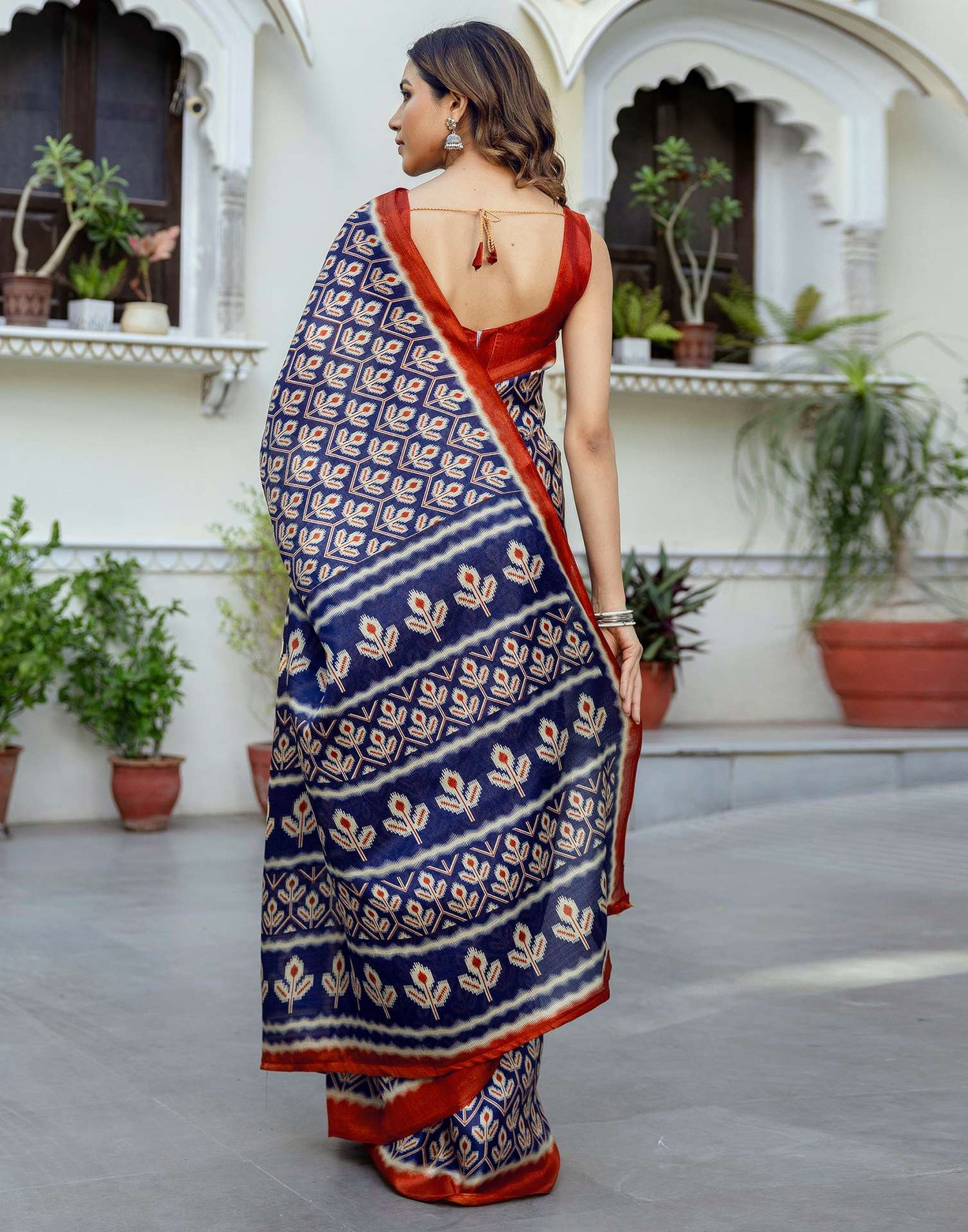 Navy Blue Khadi Printed Saree